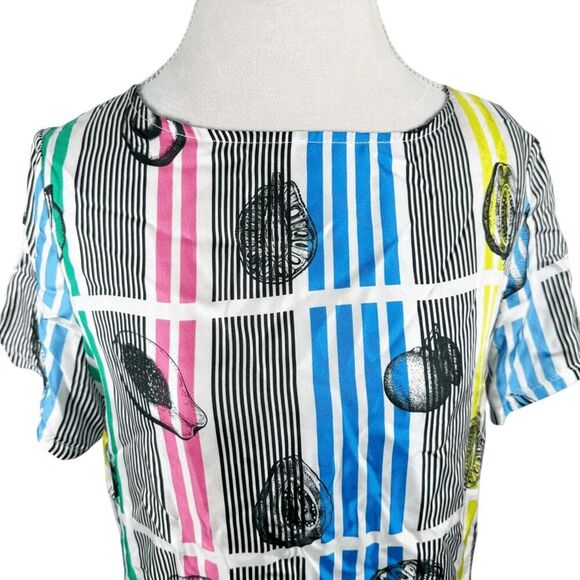 Vilagallo Colorful Stripe Fruit Slice Print Top Neck tie Silk Boxy Size 44 US 10 - Picture 6 of 11